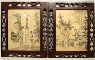 Set of 2 Grisaille Style Asian Ink Drawings Framed In Matching Latice Cutout Woo